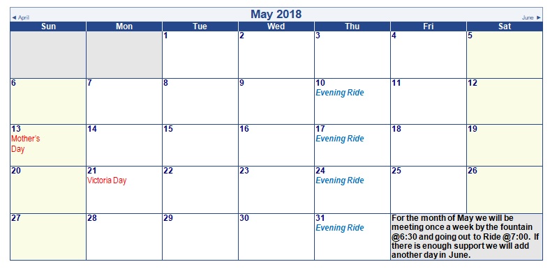May biking schedual