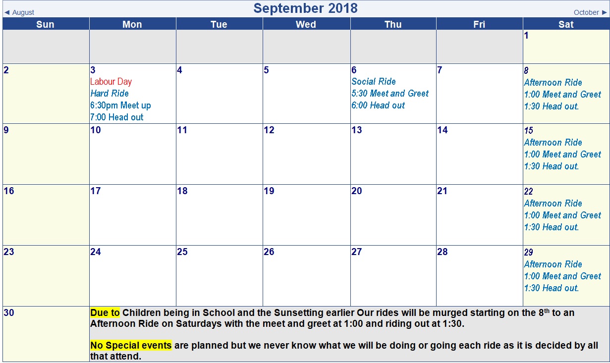 September’s and October’s Calendars Wallaceburg Biking Community